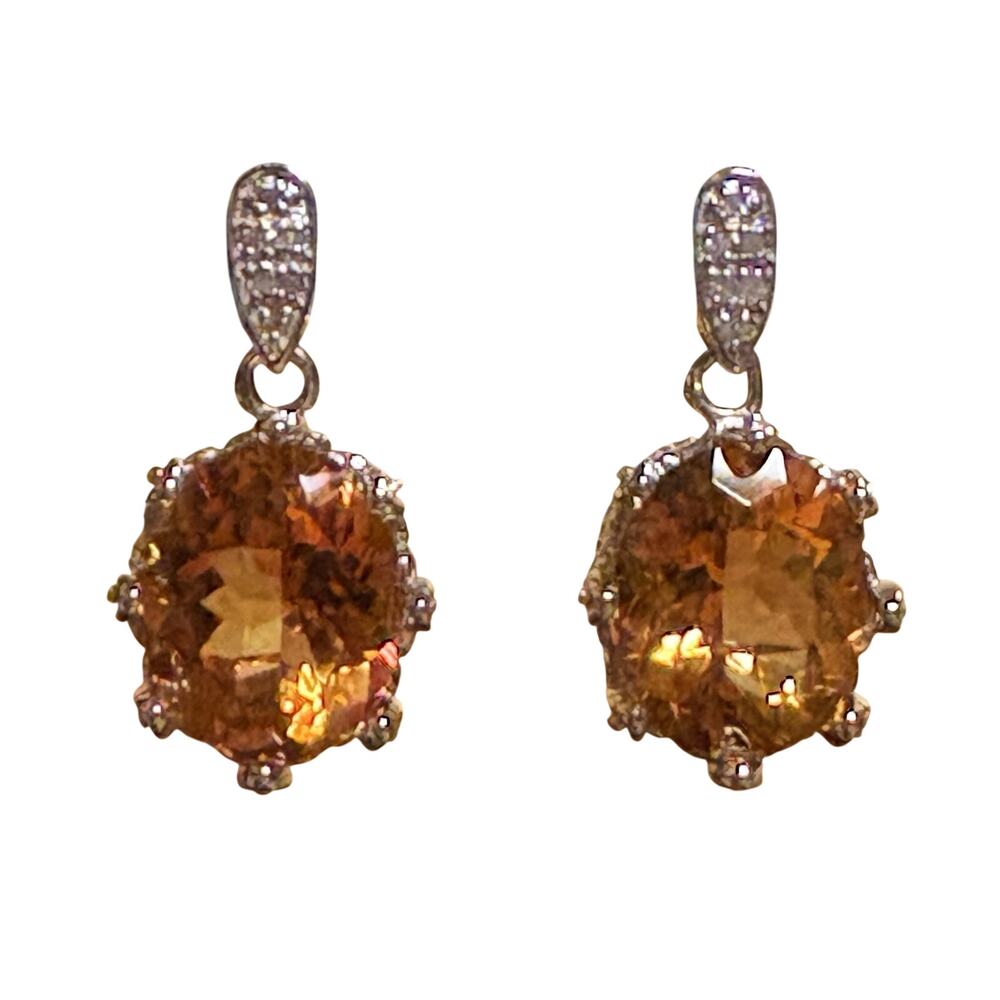 Estate Sterling Silver, Orange Citrine and Diamond Earrings with Crown